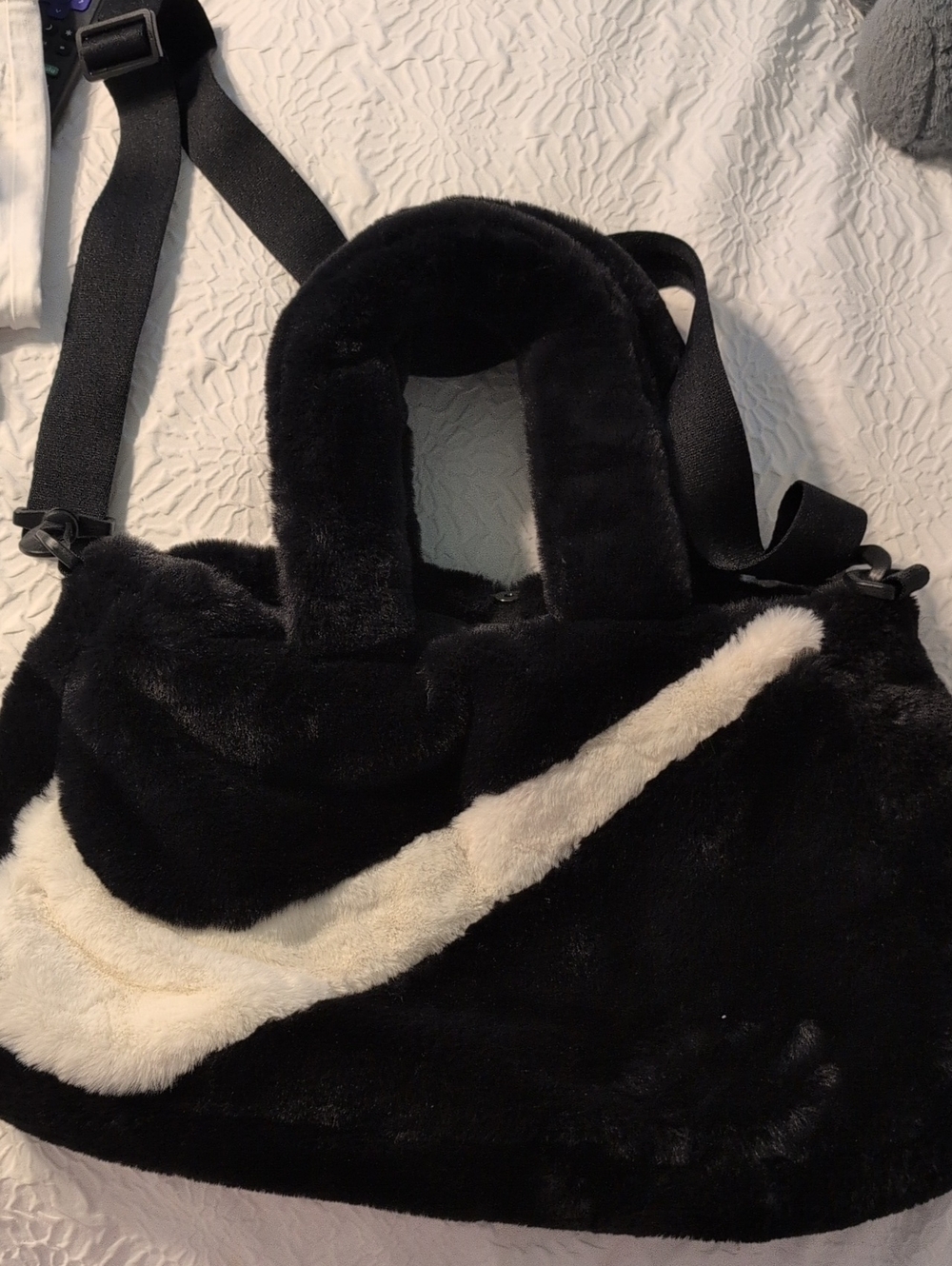 Nike Black Faux-Fur Tote Bag with Cream Swoosh